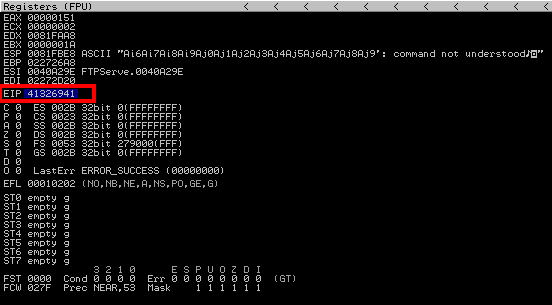 EIP overwritten with 41326941
